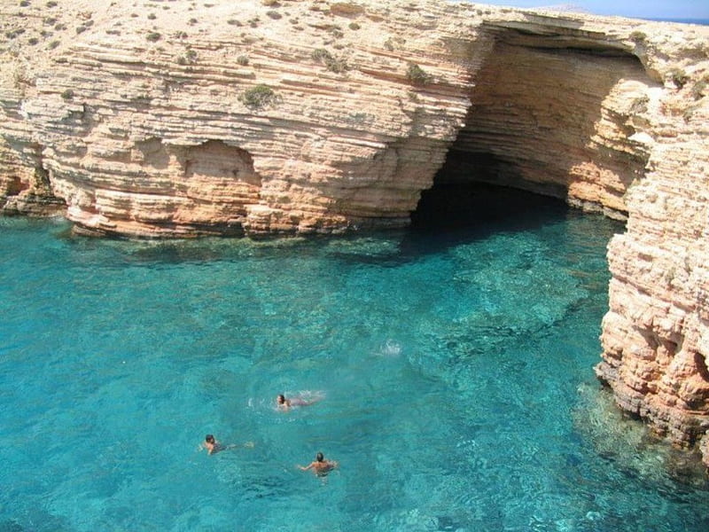 In Kefalonia, greece, rocks, pic, greek, wall, sea, waters, people, swim, summer, island, swimming, blue, HD wallpaper
