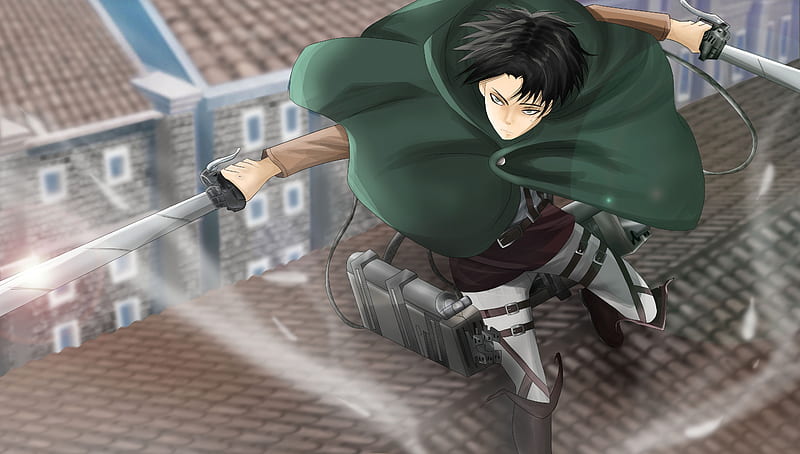 Levi, house, float, guy, angry, blade, attack on titan, anime, handsome, hot, weapon, sword, roof, male, mad, Shingeki no Kyojin, sexy, short hair, rooftop, building, boy, cool, warrior, sinister, serious, HD wallpaper