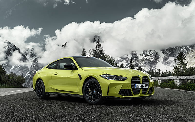 BMW M4 Competition, G82, 2021 front view, exterior, yellow coupe, new yellow M4, German cars, BMW, HD wallpaper