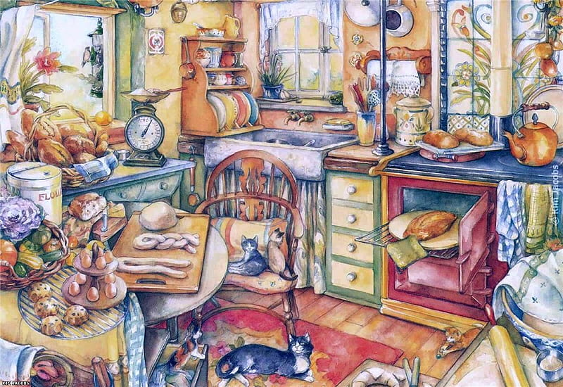 Painting by Kim Jacobs, art, window, painting, home, cook, cat, kitten, kitchen, HD wallpaper