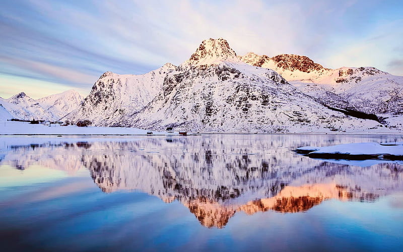 Flakstadoya Fjord, winter, mountains, reflection, Norway, HD wallpaper
