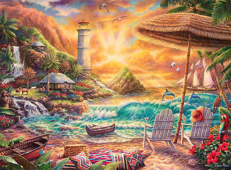 Love the beach, sun, sailship, umbrella, waves, sunset, clouds, sky, palms, lighthouse, artwork, boats, dolphins, flowers, chairs, painting, HD wallpaper