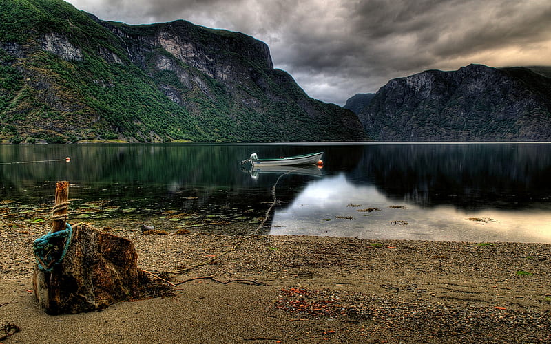 Landscape, bonito, clouds, stormy, sand, boats, boat, splendor, green, beauty, reflection, lovely, view, colors, sky, storm, trees, lake, tree, water, mountains, peaceful, nature, HD wallpaper