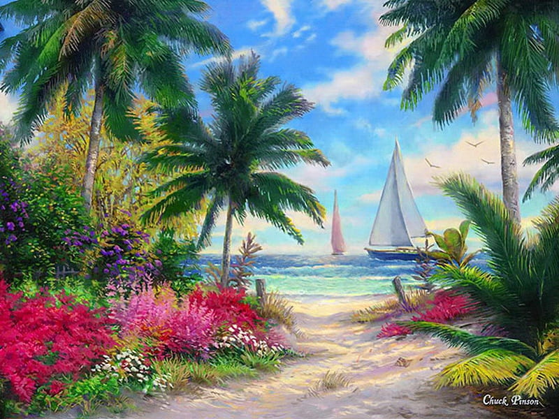 Sea breeze trail, breeze, clouds, sea, palm trees, pathway, painting, trail, flowers, art, exotic, ocean, sky, palms, plants, island, sailboat, sands, HD wallpaper