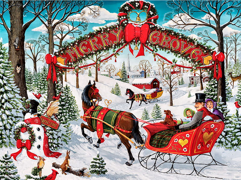 Merry Grove F, sleigh, Christmas, art, holiday, December, equine, bonito, illustration, artwork, horses, winter, snow, painting, wide screen, occasion, scenery, HD wallpaper
