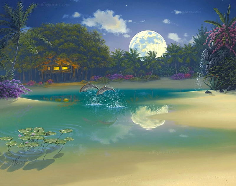 Dolphin Moonlight, moons, love four seasons, attractions in dreams, resorts, paintings, beaches, dolphins, summer, nature, cabins, HD wallpaper