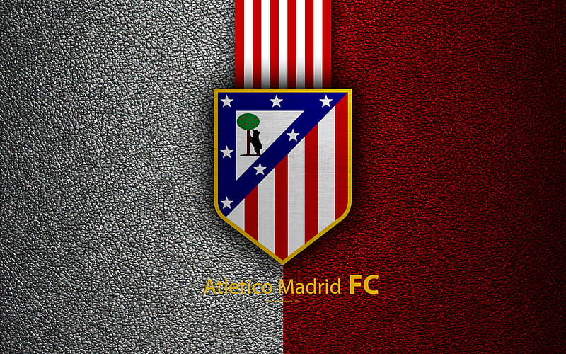 Atletico Madrid Spanish football club, La Liga, Atletico logo, emblem, leather texture, Bilbao, Spain, football, HD wallpaper