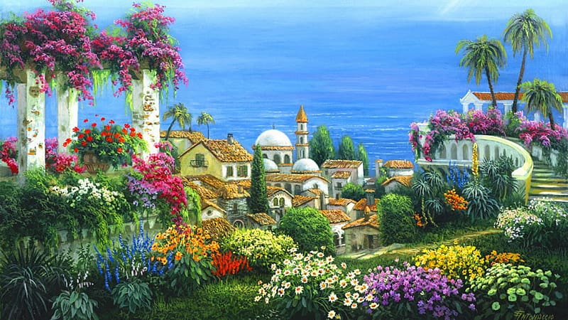 Ocean, Village, Painting, Artistic, HD wallpaper