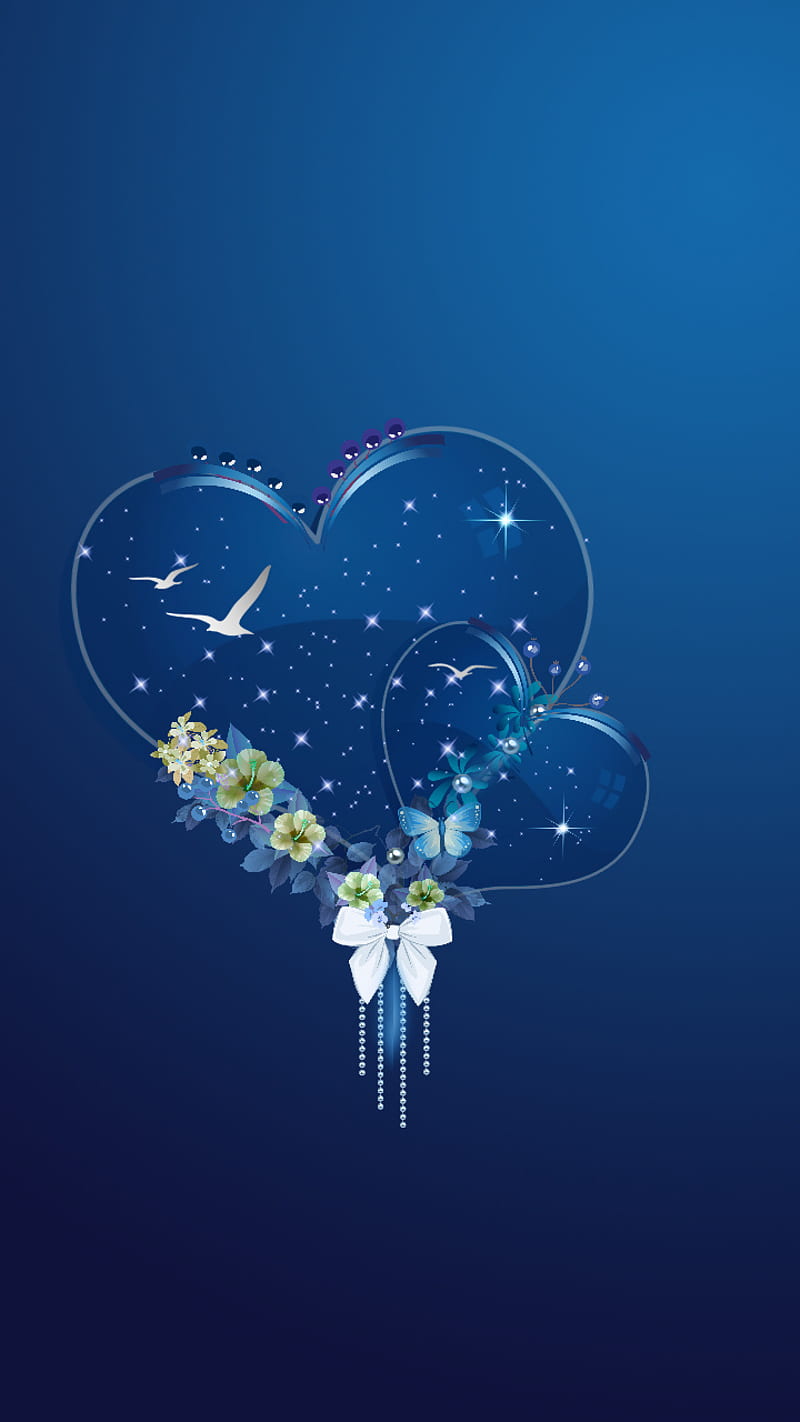 Blue heart birds, birds, blue, desenho, heart, HD phone wallpaper