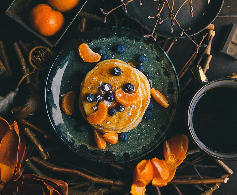 Food, Pancake, Blueberry, Breakfast, Fruit, Still Life, Tangerine, HD wallpaper