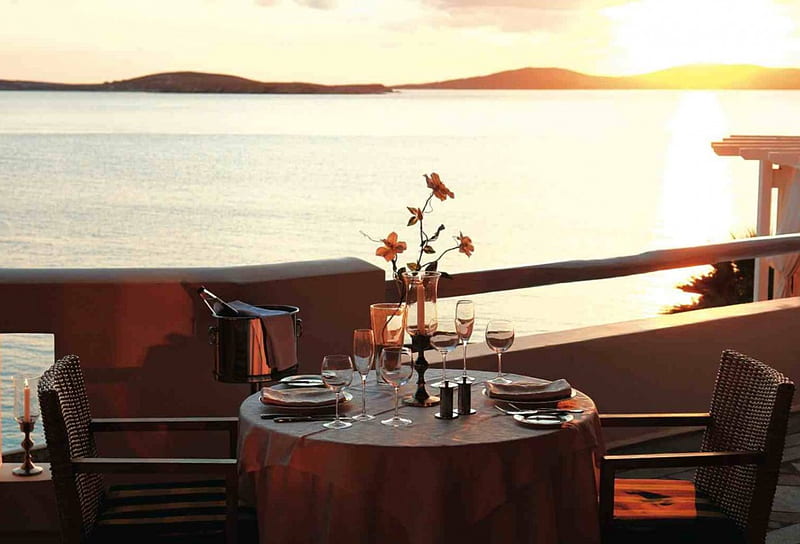 Romantic Sea View Sunset Dining, dusk, sunset, eat, sea, beach, sundown, dining, evening, exotic, islands, romantic, view, romance, food, ocean, hawaii, table for two, paradise, dine, island, tropical, hawaiian, HD wallpaper