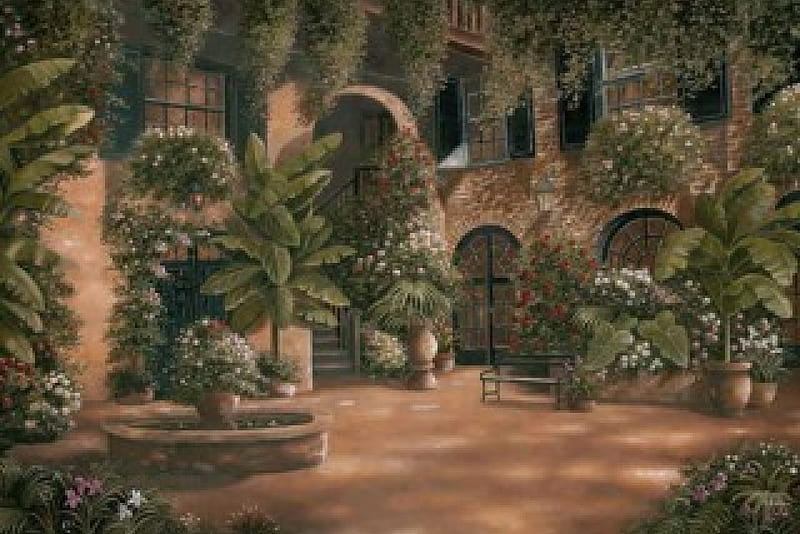 French Quarter Courtyard, architecture, paintings, courtyard, houses, flowers, beauty, artwork, HD wallpaper