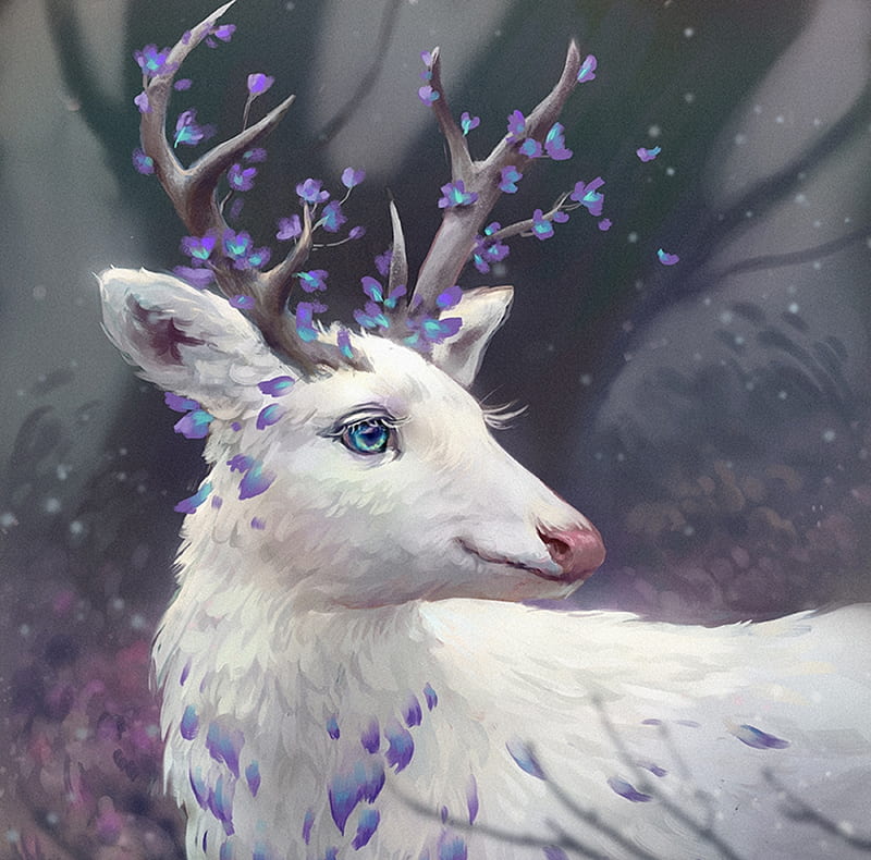 Gentle deer, fantasy, luminos, flower, selenada, white, horns, deer, blue, HD wallpaper