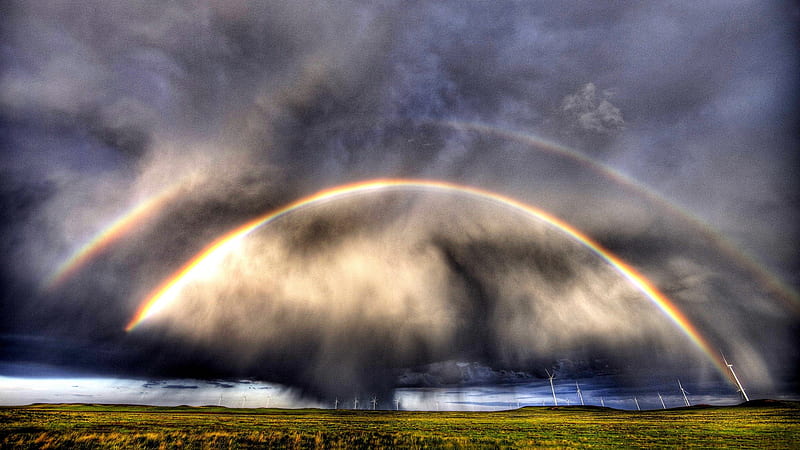 DOUBLE RAINBOWS, double rainbow, atmospheric power, r, light effect, clouds, low clouds, HD wallpaper