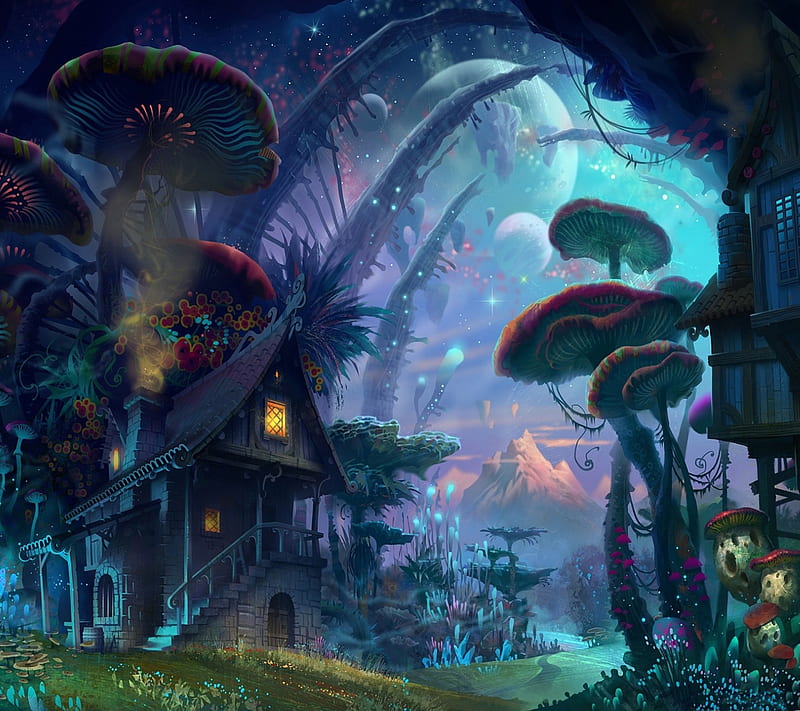 Mushroom City, fantasy, plant, HD wallpaper