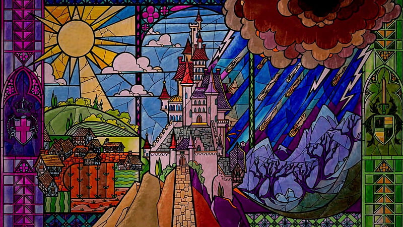 The spell hits, animation, stained glass, beast, beauty, spell, disney, HD wallpaper