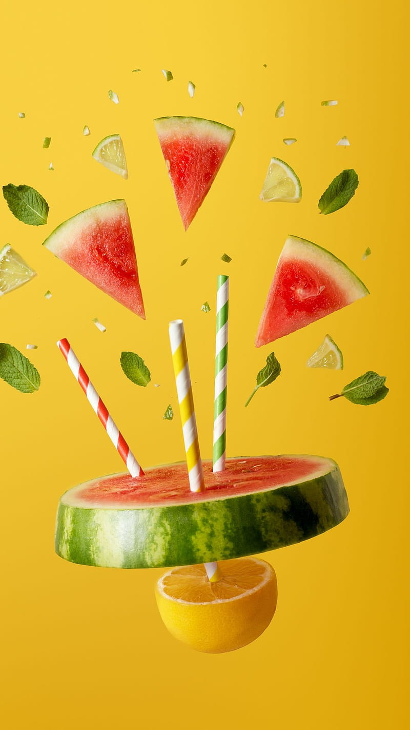 Watermelon slices, orange, falling, fruit, yellow, juice, food, HD phone wallpaper