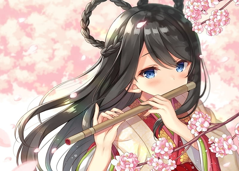 :-), instrument, girl, anime, flute, manga, nagisa3710, petals, pink, HD wallpaper