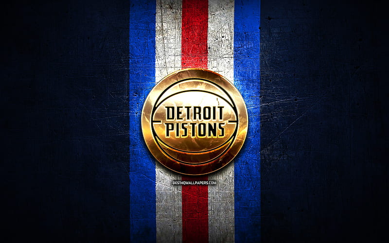 Detroit Pistons, golden logo, NBA, blue metal background, american basketball club, Detroit Pistons logo, basketball, USA, HD wallpaper