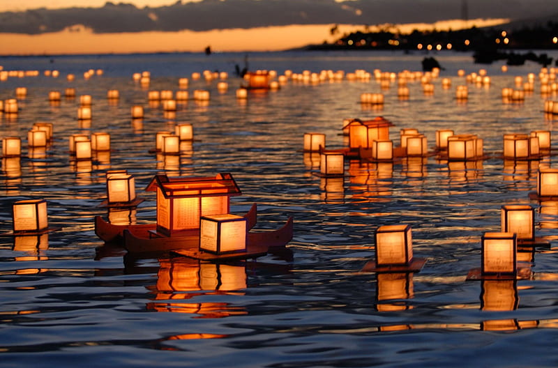 Lantern Floating, lanterns, hawaii, ocean, floating, night, HD wallpaper