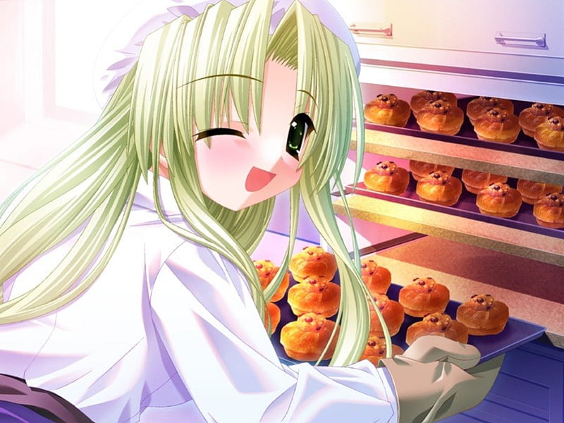 Baking Cupcakes, cake, blond, green eyes, oven, cupcake, anime, anime girl, long hair, delicious, female, food, bake, blonde, smile, blonde hair, kitchen, blond hair, cute, baking, kawaii, girl, wink, HD wallpaper