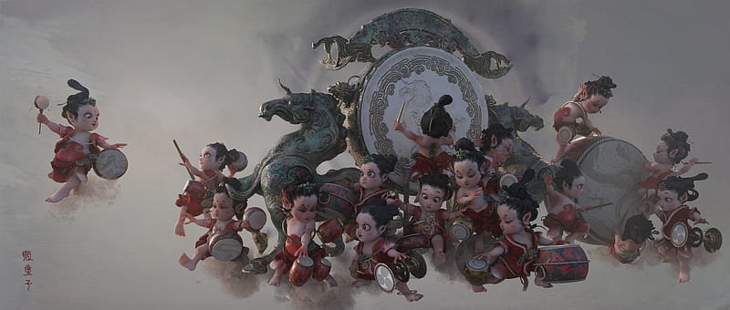 Clan of Drums, baby, te hu, red, cute, fantasy, HD wallpaper