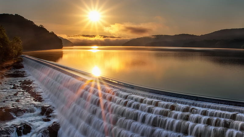 runoff waterfall in a reservoir lake, waterfall, sunset, reservoir, lake, HD wallpaper