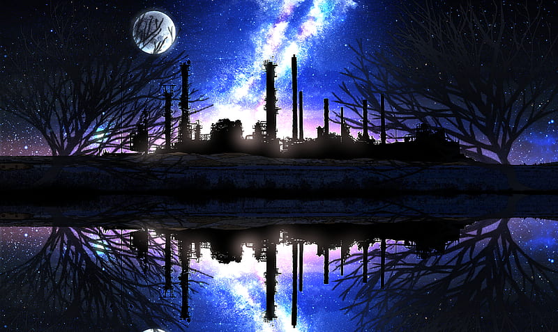 Anime, Original, Factory, Lake, Moon, Reflection, Starry Sky, HD wallpaper