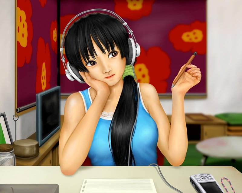 Akiyama Mio, cg, headphones, anime, hot, anime girl, realistic, long hair, black hair, female, handphone, television, sexy, tv, cute, 3d, girl, mobile, paper, HD wallpaper