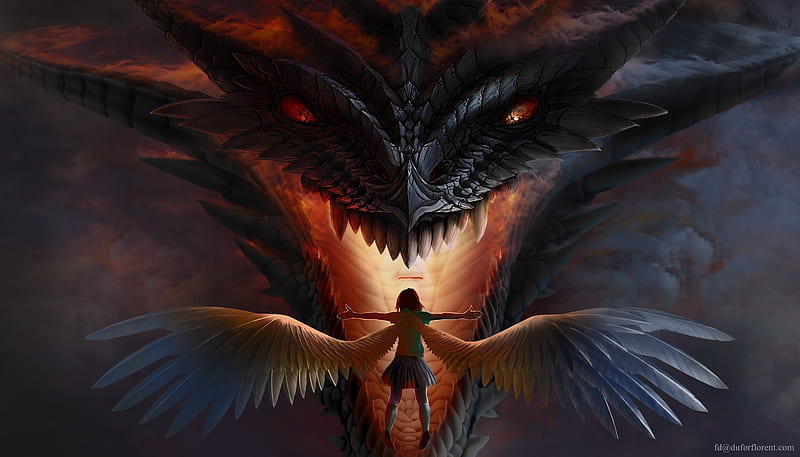 Fighting with the dragon, dark, angel, black, dragon, frumusete, wings, luminos, fire, fantasy, florentdufor, girl, HD wallpaper