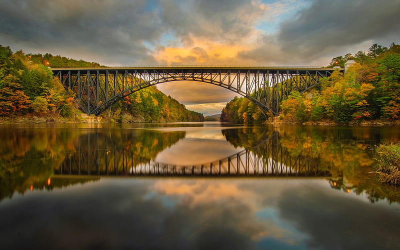 Railway Bridge Across the River, forest, autumn, bridge, nature, river, reflected, trees, sky, HD wallpaper