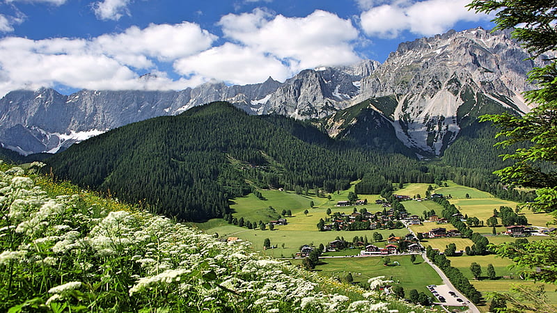 Ramsau am Dachstein, Austria, Landscape, Austria, Mountains, Clouds, Forests, Houses, HD wallpaper