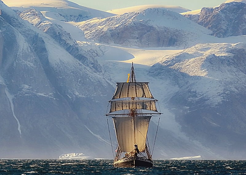 at the pole, northpole, snow, ship, sail, HD wallpaper