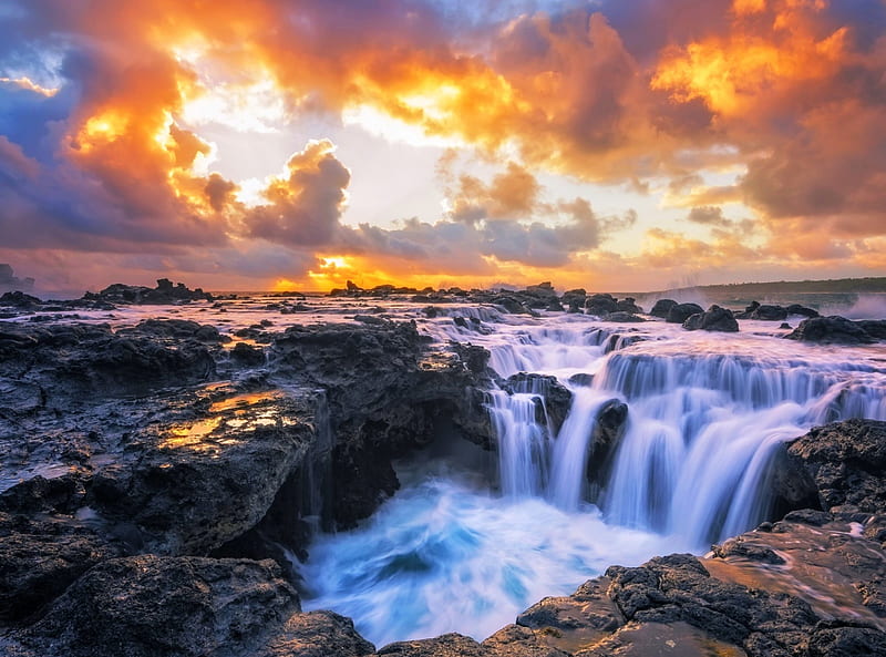 Kauai Island Sunrise, rocks, Hawaii, golden, ocean, bonito, sky, clouds, waterfall, sunrise, coast, HD wallpaper