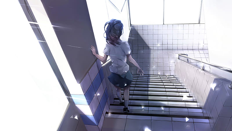 Anime Girl Walking Down Stairs , anime-girl, anime, artist, artwork, digital-art, HD wallpaper