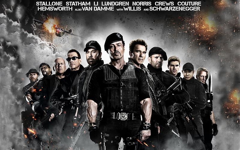 Arnold Schwarzenegger, Jean Claude Van Damme, Sylvester Stallone, Jason Statham, Jet Li, Bruce Willis, Movie, The Expendables, Gunnar Jensen, Barney Ross, Church (The Expendables), Dolph Lundgren, Hale Caesar, Lee Christmas, Randy Couture, Terry Crews, Toll Road, Yin Yang (The Expendables), Liam Hemsworth, Chuck Norris, The Expendables 2, Booker (The Expendables), Trench (The Expendables), Vilain (The Expendables), Billy (The Expendables), HD wallpaper