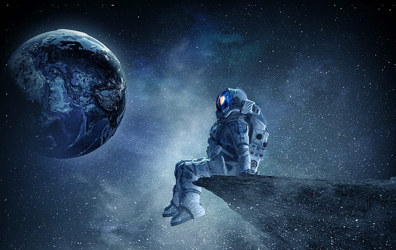 :), cosmonaut, fantasy, astronaut, planet, luminos, space, cosmos, blue, HD wallpaper
