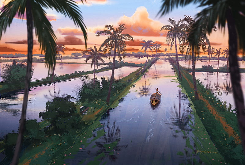 Sunset, world, view from the top, frumusete, fantasy, water, boat, surendra rajawat, palm tree, luminos, HD wallpaper