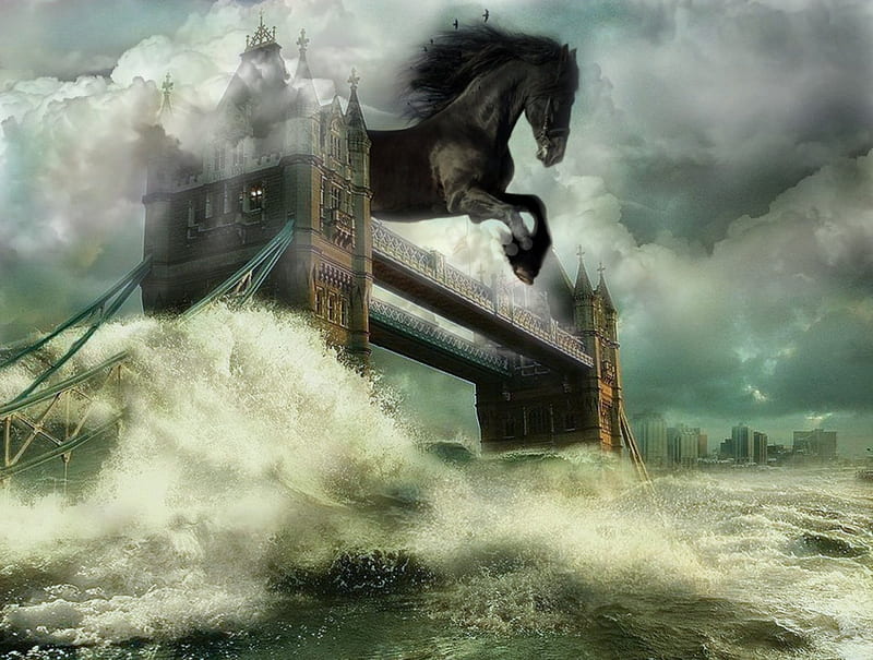 Escape to... nowhere..., town, black, waves, horse, clouds, fantasy, bridge, london, jump, HD wallpaper