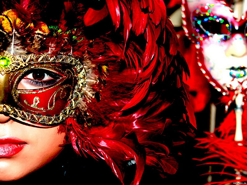Masquerade, party, woman, mask red, feathers, HD wallpaper