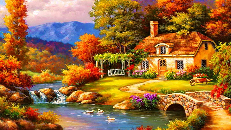 Cottage, bridge, pond, autumn, tree, painting, river, HD wallpaper | Peakpx