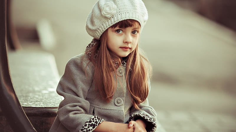 Little Cute Girl Is Wearing Ash Dress And White Woolen Knitted Cap Cute, HD wallpaper