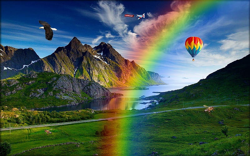 Rainbow with Hot Air Balloon, fantasy, ballon, mountains, eagle, rainbow, sky, bees, landscape, HD wallpaper