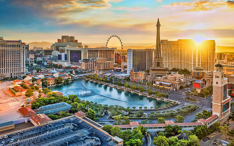 Las Vegas evening, sunset, Bellagio, MGM Grand, Las Vegas skyline, Las Vegas cityscape, Nevada, Las Vegas panorama, USA, HD wallpaper
