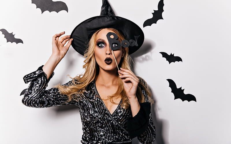 blonde, costume, bat, witch, hat, black, model, mask, girl, woman ...