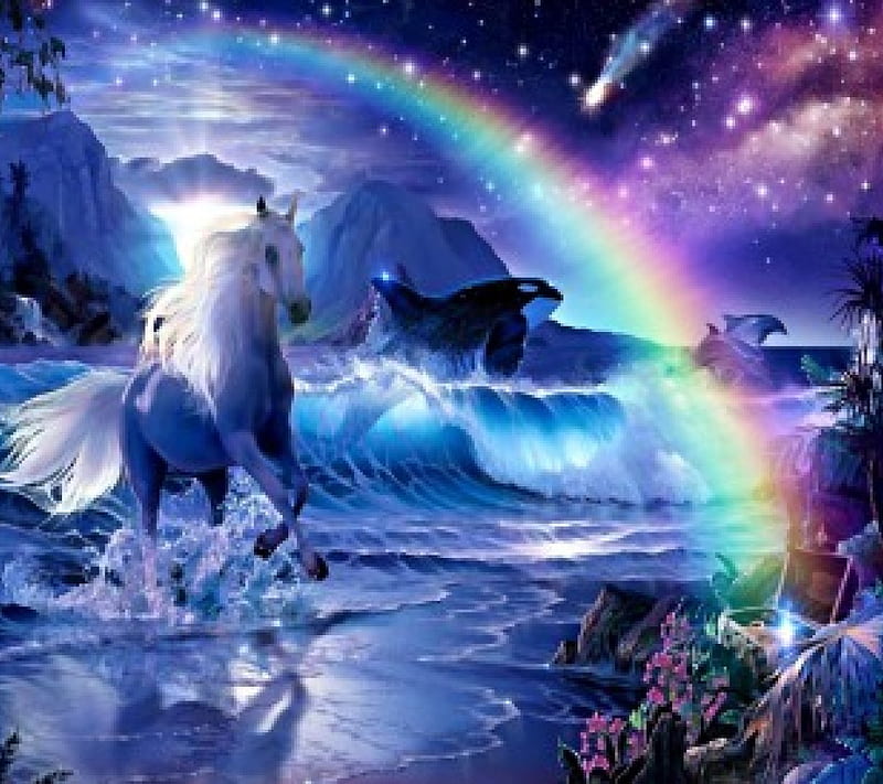 Force of nature, rainbow, dolphins, horse, sea, HD wallpaper