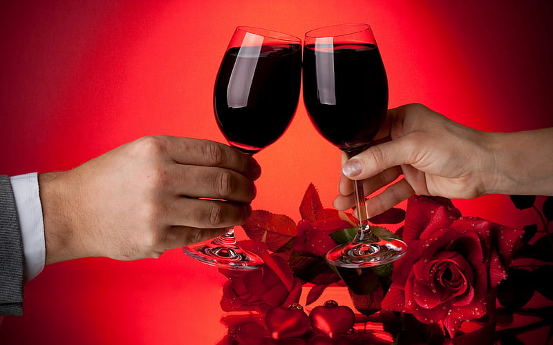 Cheers!, red roses, red, pretty, rose, glasses, bonito, magic, valentine, woman, xmas, graphy, ball, cheers, flowers, beauty, lovely, romantic, romance, holiday, christmas, wine, man, new year, happy new year, roses, hands, glass, red wine, merry christmas, balls, heart, HD wallpaper