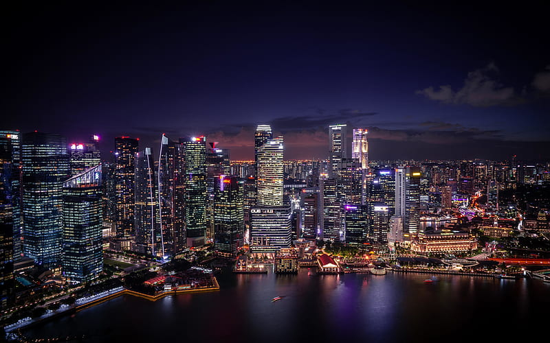 Singapore at night aerial view, Marina Bay Sands, skyscrapers, Singapore, modern buildings, Asia, Singapore, HD wallpaper