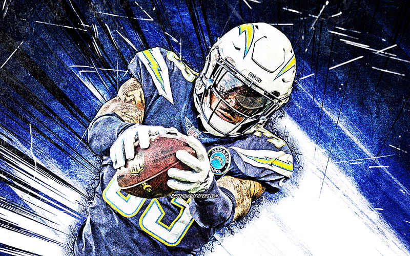 Derwin James, grunge art, NFL, Los Angeles Chargers, american football, strong safety, Derwin Alonzo James Jr, LA Chargers, National Football League, blue abstract rays, Derwin James LA Chargers, HD wallpaper