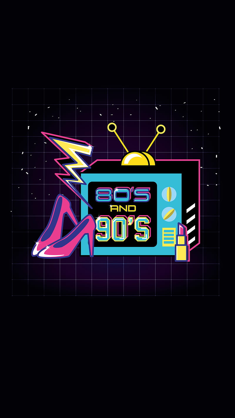 80s and 90s, Kiss, antenna, black, blue, lightning, lipstick, neon, pumps,  tv, HD phone wallpaper